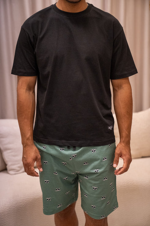 Men summer pajama set Black T-shirt + Green Dog Short